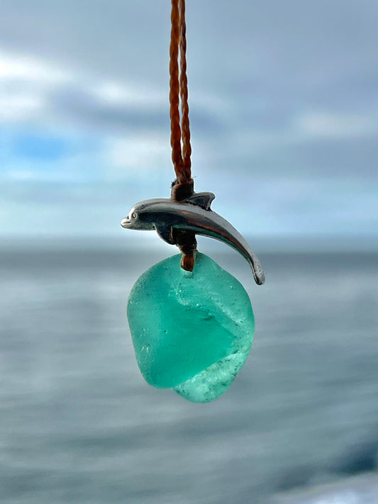 “Dolphin Splash” Aqua Sea Glass Necklace